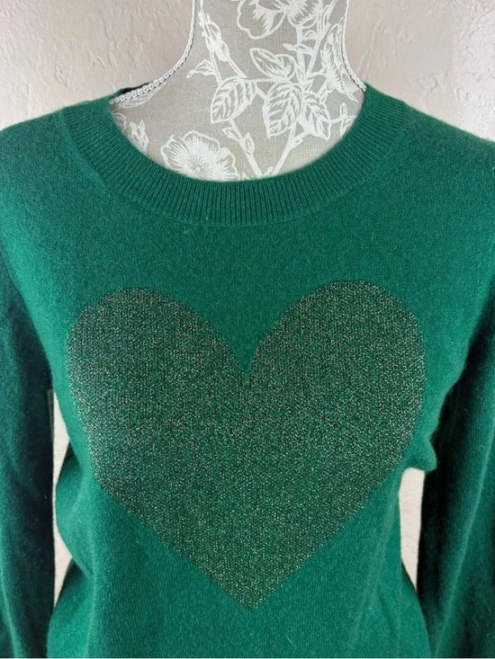 J. Crew Kelly Green Sparkle Heart Cashmere Sweater Women’s Size Medium - Picture 2 of 10